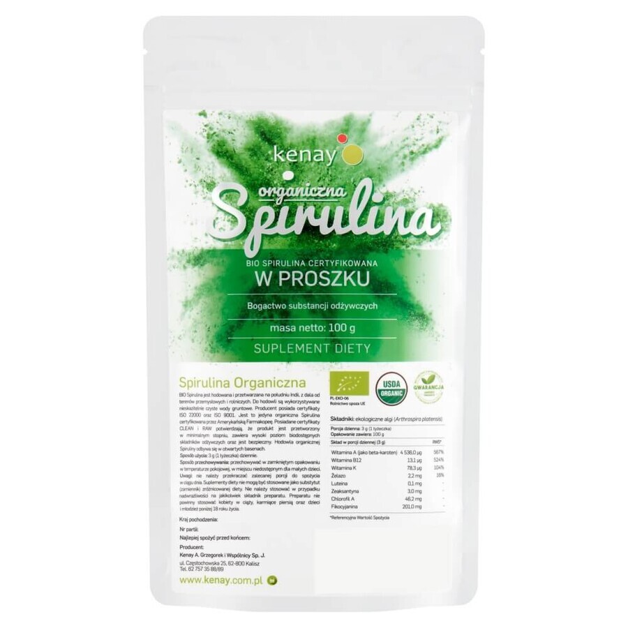 Kenay, Espirulina en polvo orgánica, 100 g