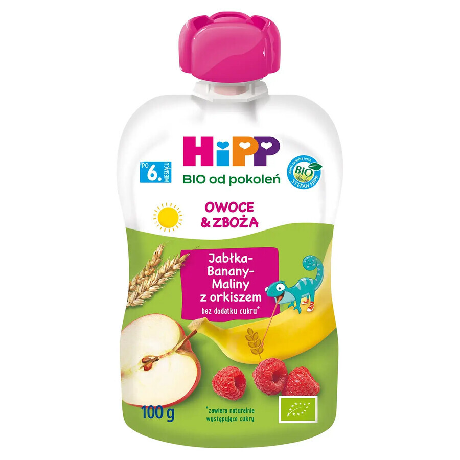 HiPP Frucht- und Müsli Bio, Apfel, Banane, Himbeere mit Dinkel, nach 6 Monaten, 100 g