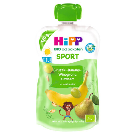 HiPP Sport Bio Fruchtmousse, Birnen, Bananen, Trauben mit Hafer, nach 1 Jahr, 120 g