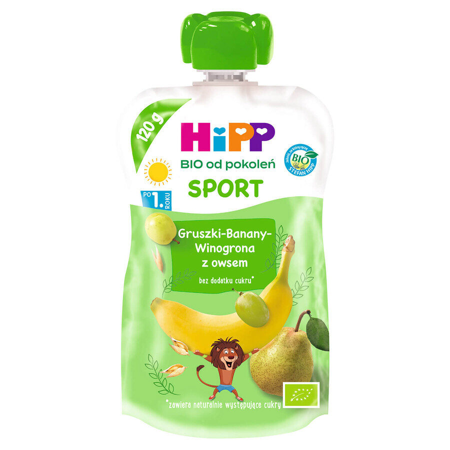 HiPP Sport Bio Fruchtmousse, Birnen, Bananen, Trauben mit Hafer, nach 1 Jahr, 120 g