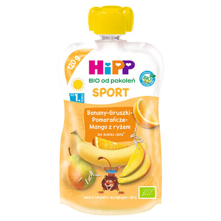 HiPP Sport Bio Fruchtmousse, Banane, Birne, Orange, Mango mit Reis, nach 1 Jahr, 120 g