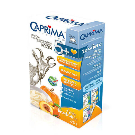 Caprima Premium terci de porumb și orez cu lapte integral de capră, dovleac și piersici, fără gluten, după 5 luni, 225 g