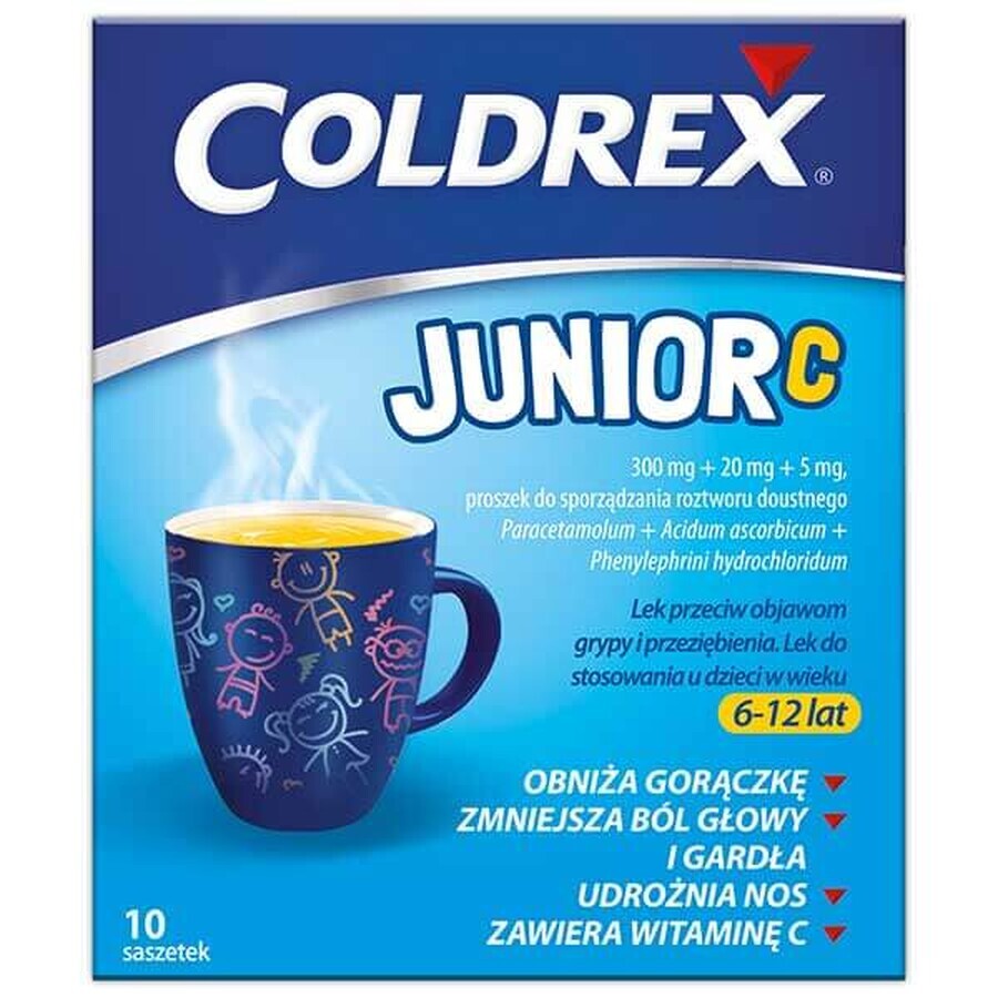 Coldrex Junior C 300 mg + 20 mg +5 mg, pulbere pentru soluție orală pentru copii cu vârsta între 6-12 ani, aromă de lămâie, 10 plicuri