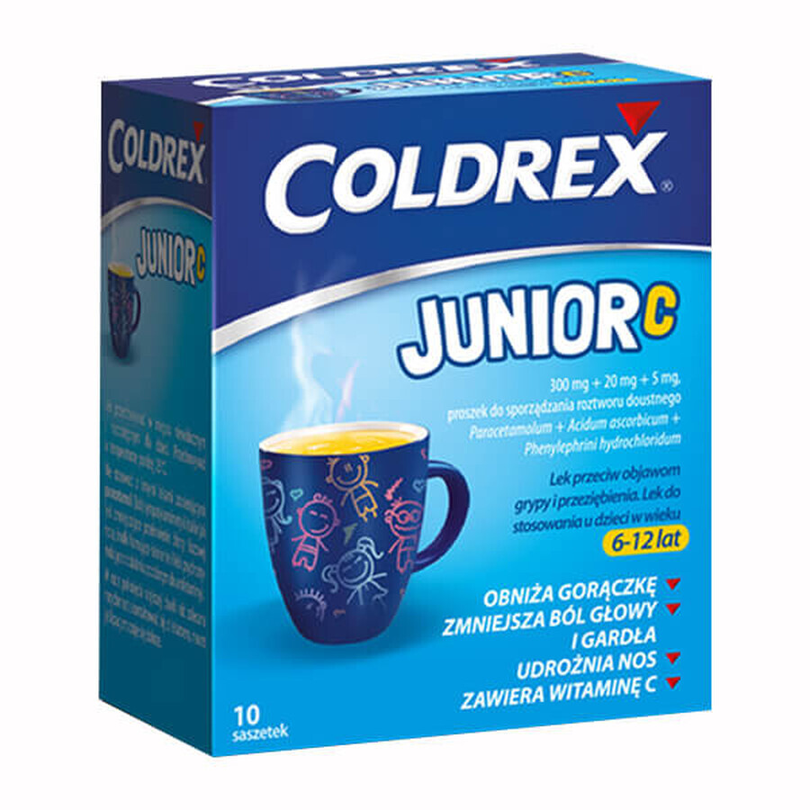 Coldrex Junior C 300 mg + 20 mg +5 mg, pulbere pentru soluție orală pentru copii cu vârsta între 6-12 ani, aromă de lămâie, 10 plicuri