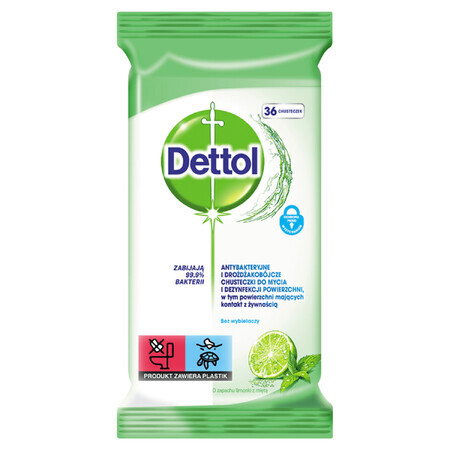 Dettol, antibakterielle und hefepilzhemmende Tücher zur Reinigung und Desinfektion von Oberflächen, Limette und Minze, 36 Stück