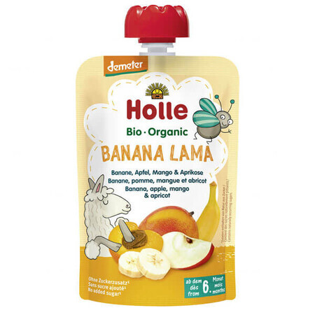 Holle, Banana Lama tubo mousse de frutas, plátano, manzana, mango, albaricoque BIO, después de 6 meses, 100 g