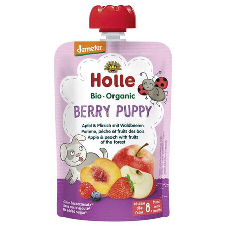 Holle, Tubo di mousse di frutta Berry Puppy, mela, pesca, frutti di bosco BIO, dopo 8 mesi, 100 g