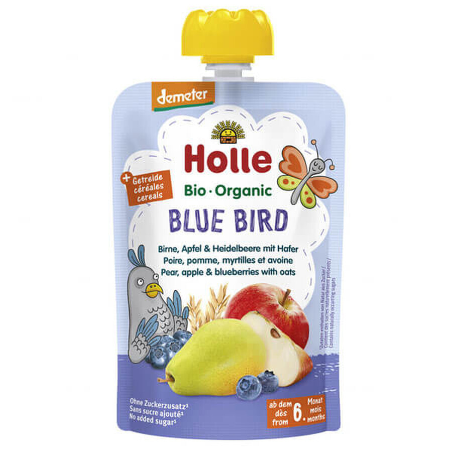 Holle, Mousse di frutta in tubetto, Blue Bird, pera, mela, mirtillo con avena, dopo 6 mesi, 100 g