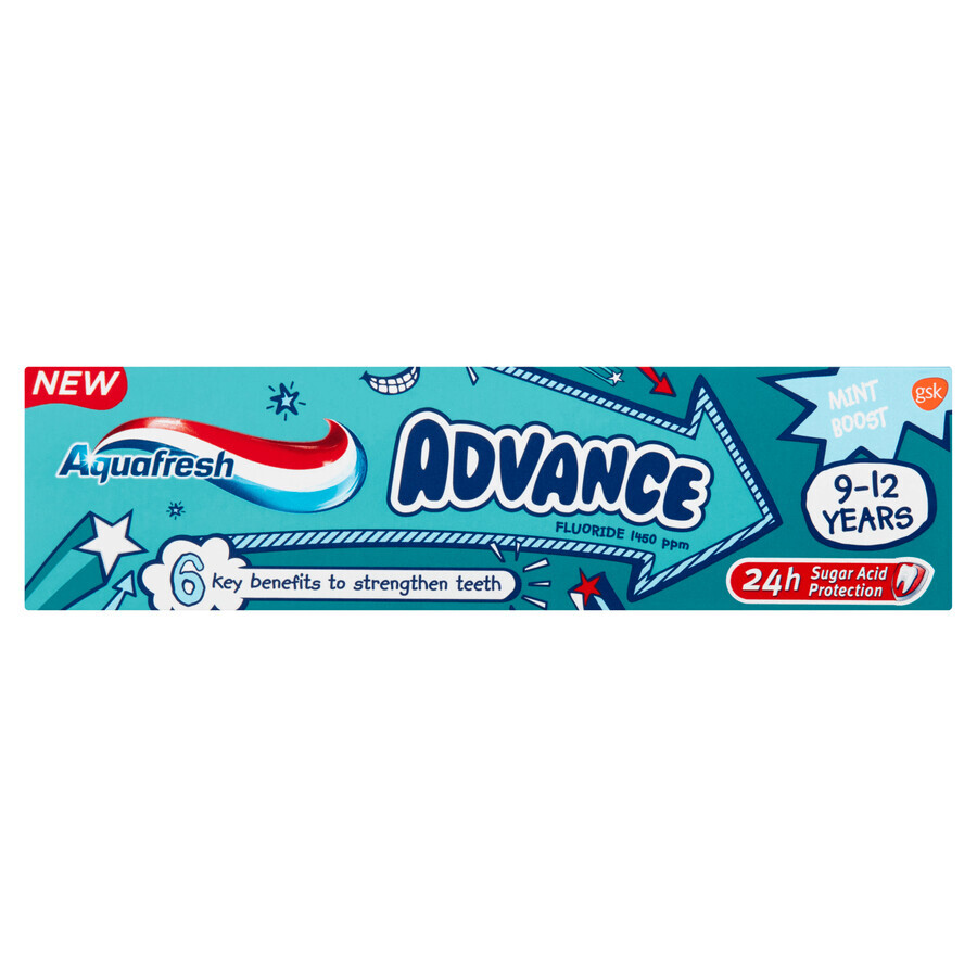 Aquafresh Advance, pastă de dinți pentru copii, 9-12 ani, 75 ml