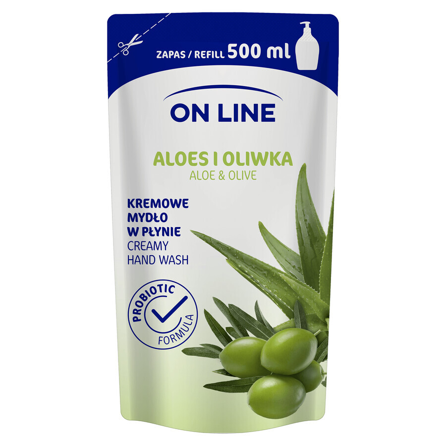 On Line, jabón líquido cremoso, Aloe y Oliva, recambio, 500 ml