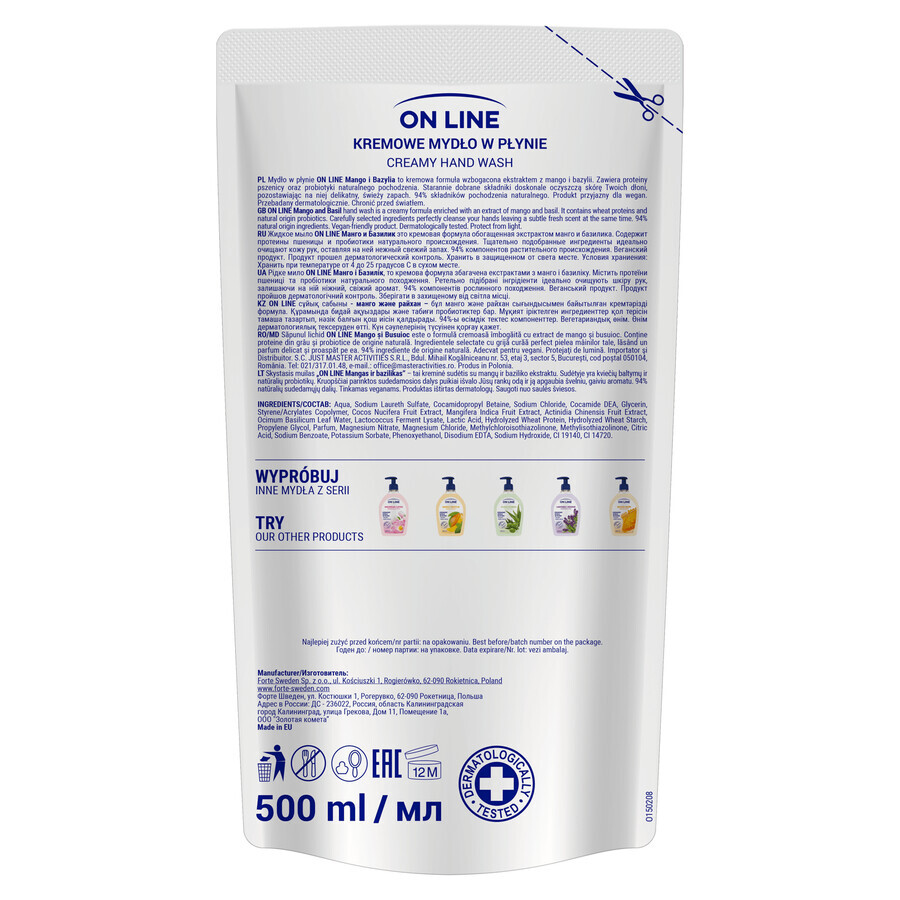 On Line, savon liquide en crème, Mangue et Basilic, bouillon, 500 ml