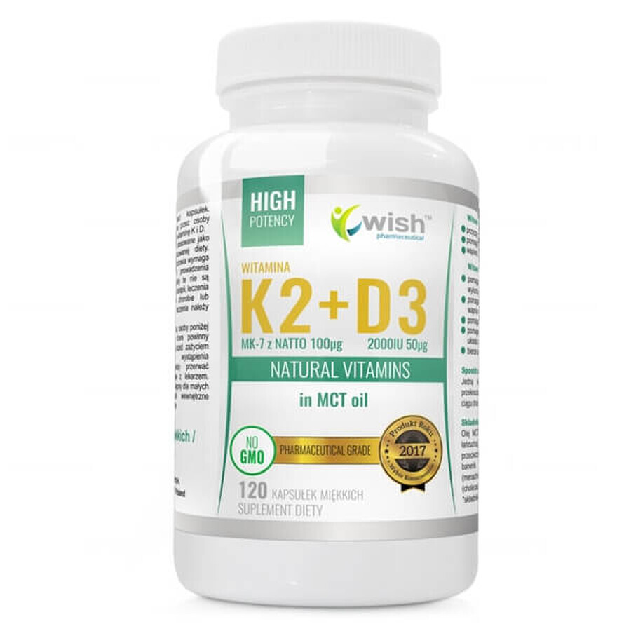 Wish, Vitamine K2 MK-7 Natto 100 µg + Vitamine D3 2000 IU 50 mcg + huile MCT, 120 gélules