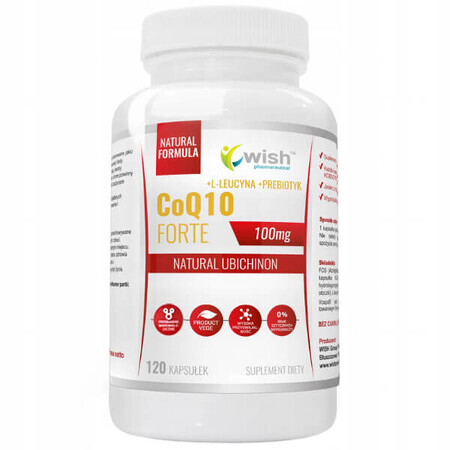 Wish CoQ10 Forte 100 mg, ubiquinona + L-leucina + prebiótico, 120 cápsulas