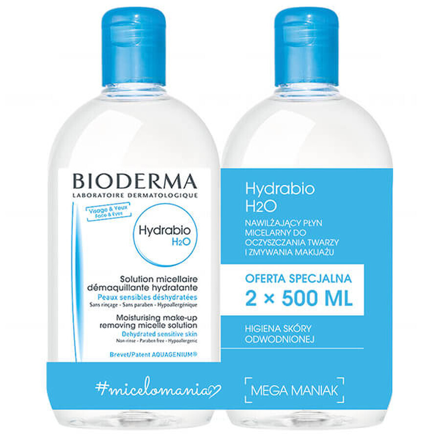 Bioderma Hydrabio H2O, démaquillant micellaire hydratant, peau déshydratée, 2 x 500 ml