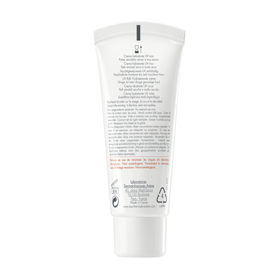 Avene Hydrance UV Rich, crema hidratante rica, pieles sensibles, secas y muy secas, SPF 30, 40 ml