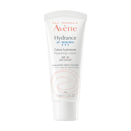 Avene Hydrance UV Rich, crema hidratante rica, pieles sensibles, secas y muy secas, SPF 30, 40 ml