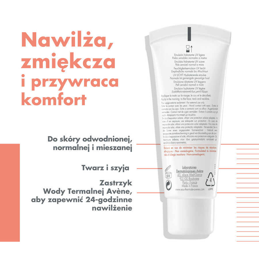 Avene Hydrance UV, crema hidratante ligera, pieles sensibles, normales y mixtas, FPS 30, 40 ml