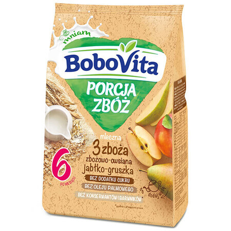 BoboVita Porcja Zbóż Getreide-Haferbrei 3 Getreidearten, Apfel und Birne, Milchprodukte, ohne Zuckerzusatz, nach 6 Monaten, 210 g