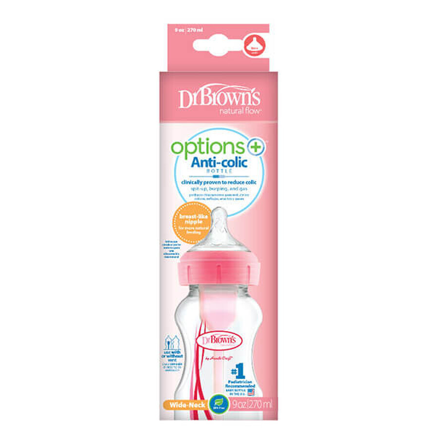 Dr Browns Options+ Anti-Colic Wide Neck Bottle with Teat Pink 270ml