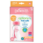 Dr Brown&#39;s, biberón anticólicos, cuello ancho Options +, con tetina, rosa, 2 x 270 ml