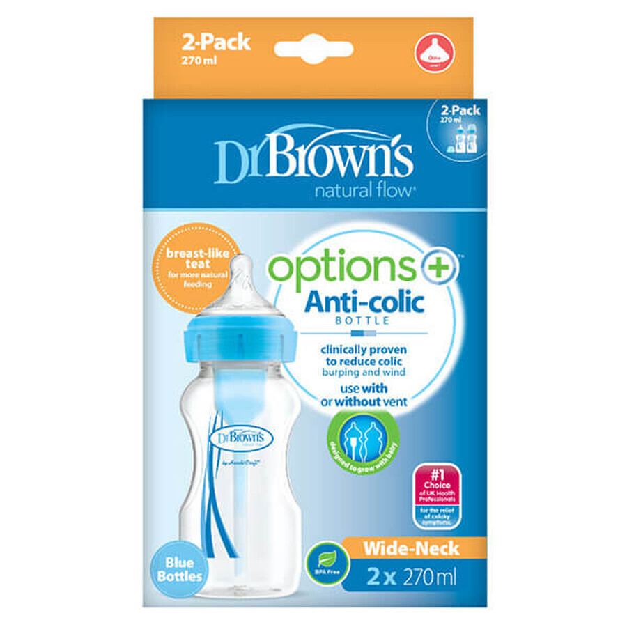 Dr Brown's, biberon anti-colique, col large Options +, avec tétine, bleu, 2 x 270 ml