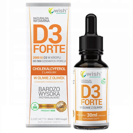 Wish, Vitamine D3 Forte 2000 IU, cholécalciférol avec lanoline, gouttes, 30 ml