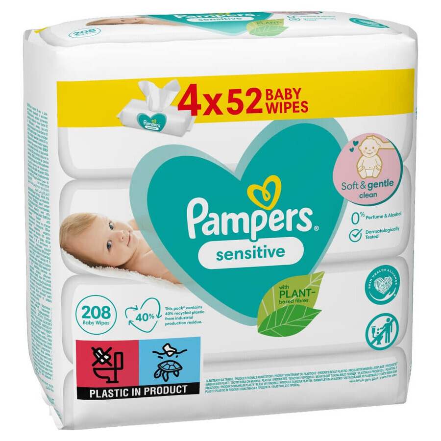 Pampers Sensitive, vochtige doekjes, 4 x 52 stuks