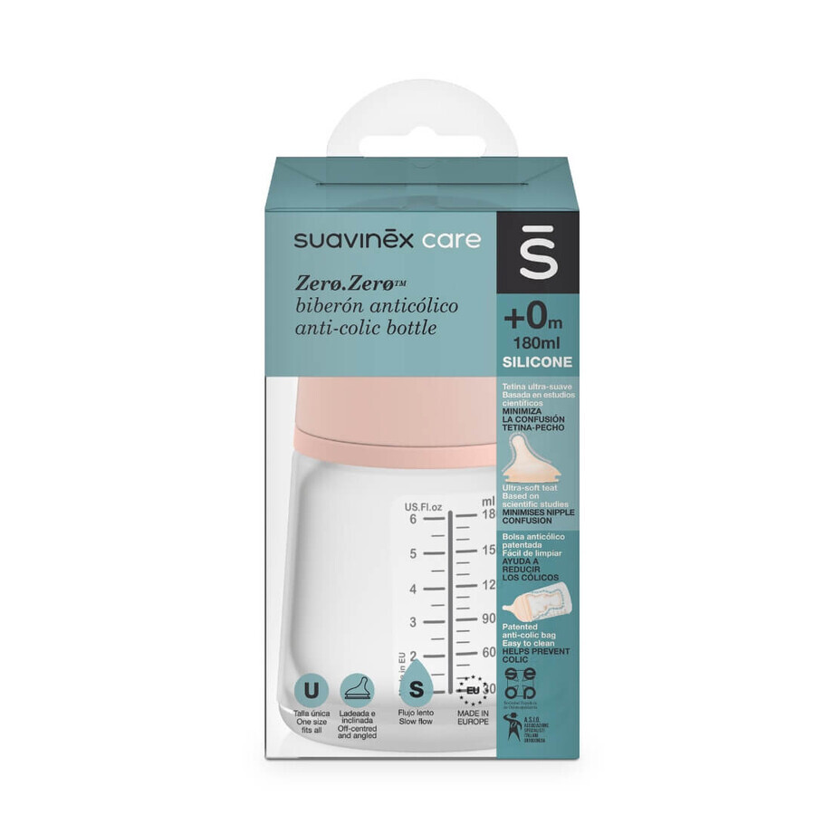 Suavinex, biberon Zero Zero avec tétine en silicone SS à débit lent, dès la naissance, 180 ml