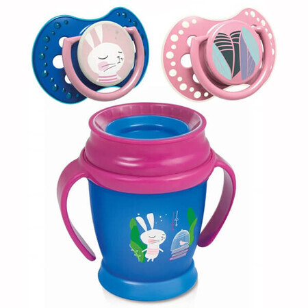 Lovi Mini Set, 360° Becher mit Henkel, Follow the Rabbit, marineblau und rosa, ab 9 Monaten, 210 ml + Schnuller von 0-3 Monaten, 2 Stück