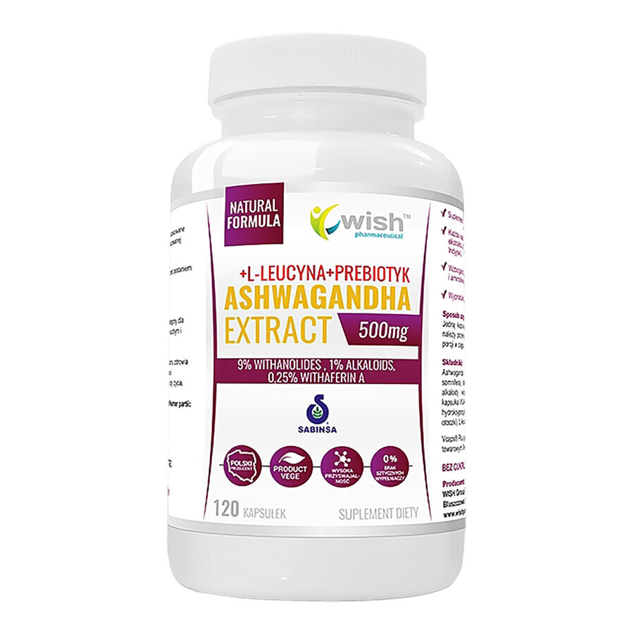 Wish Ashwagandha Extract, Ashwagandha 500 mg + L-Leucin + Präbiotikum, 120 Kapseln