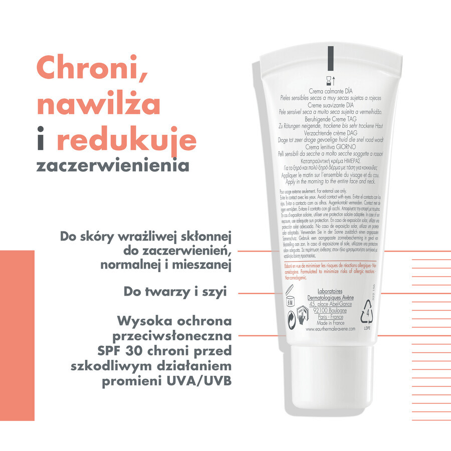 Avene Antirougeurs Jour, crema facial calmante, pieles sensibles y muy secas, SPF 30, 40 ml