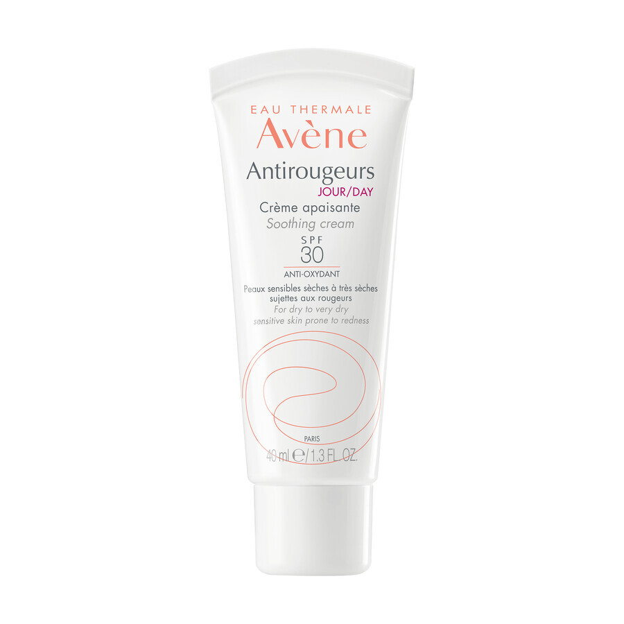 Avene Antirougeurs Jour, crema facial calmante, pieles sensibles y muy secas, SPF 30, 40 ml