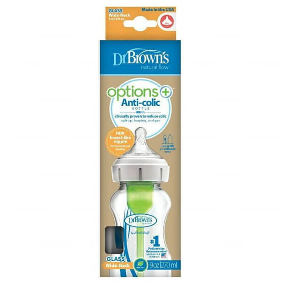 Dr. Brown's Options+, Anti-Kolik-Flasche, Glas, weithalsig, mit Sauger, Stufe 1, 0-3 Monate, 270 ml