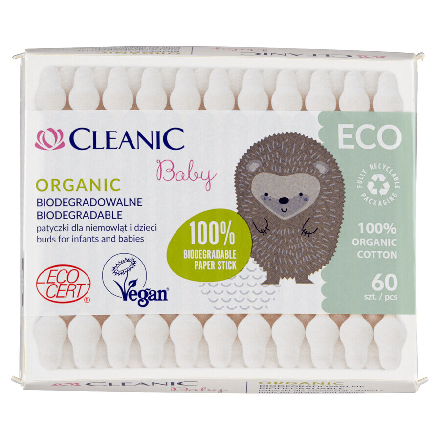 Cleanic Eco Baby Bio, Wattestäbchen für Säuglinge und Kinder, 60 Stück