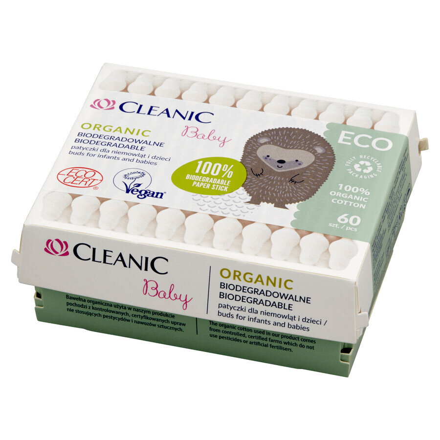 Cleanic Eco Baby Bio, Wattestäbchen für Säuglinge und Kinder, 60 Stück