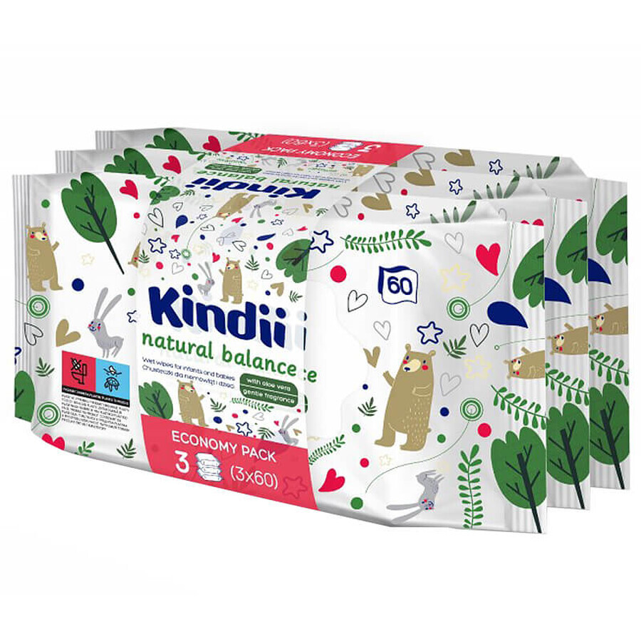 Kindii Natural Balance, Feuchttücher für Säuglinge und Kinder, 3 x 60 Stück