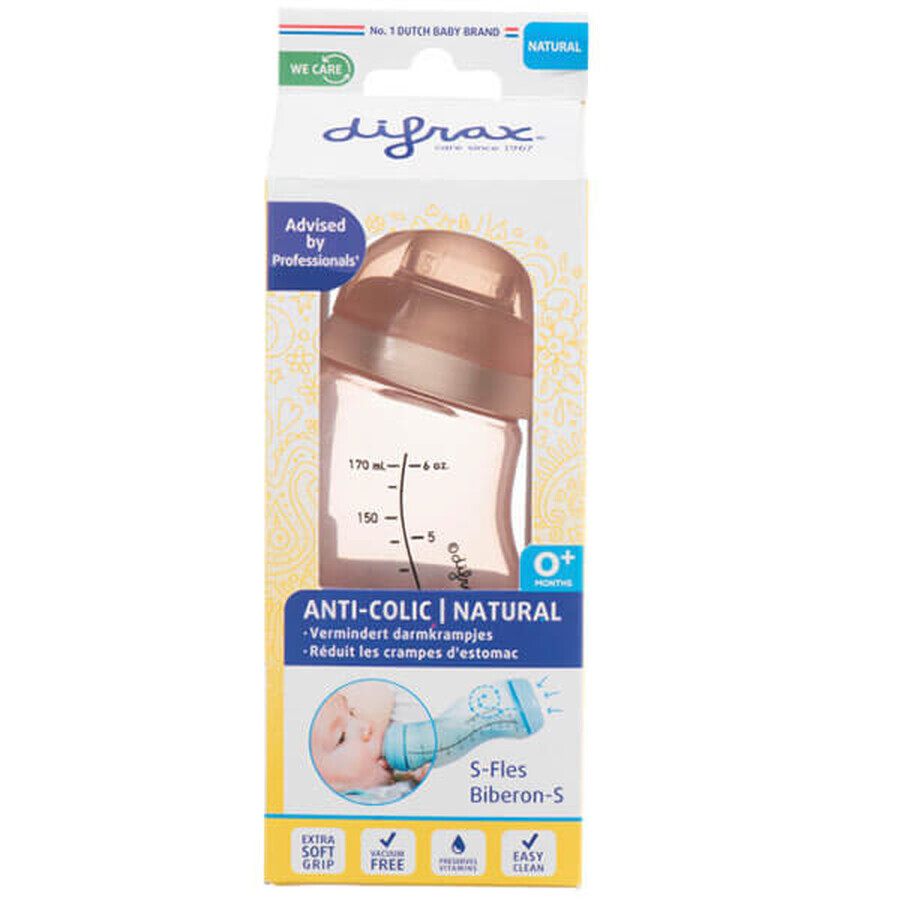 Difrax Natural, biberon S anti-colic, îngust, cu tetină cu flux lent, Blossom, de la naștere, 170 ml