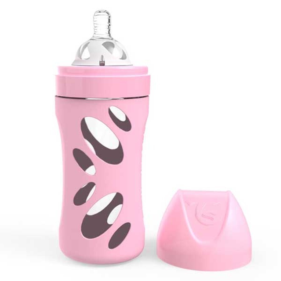 Twistshake, antikoliekfles, glas, met medium flow siliconen M-speen, roze, vanaf 2 maanden, 260 ml