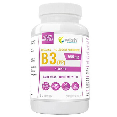 Wish Vitamine B3 (PP) Niacine 500 mg + Prébiotique + L-Leucine Vege, 60 gélules