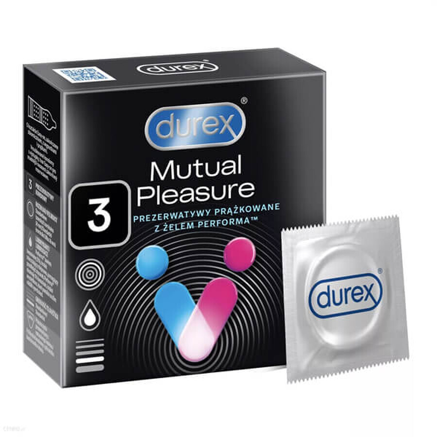 Durex Mutual Pleasure, profilattici con lubrificante per il rapporto sessuale, a coste con bordino, 3 pezzi