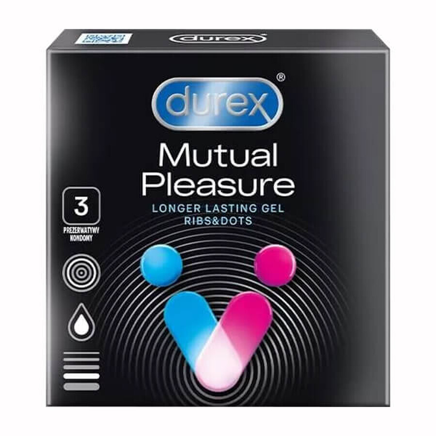 Durex Mutual Pleasure, profilattici con lubrificante per il rapporto sessuale, a coste con bordino, 3 pezzi