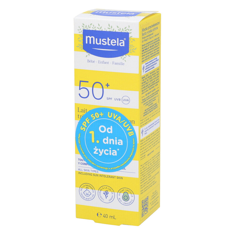 Mustela Sun set, Baby on the go - trockene Haut, Sonnenschutzmilch, SPF 50, 40 ml + Massageöl, 100 ml