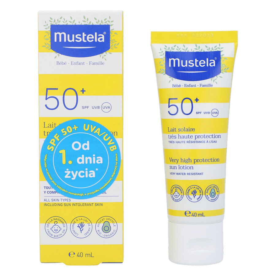 Mustela Sun set, Baby on the go - trockene Haut, Sonnenschutzmilch, SPF 50, 40 ml + Massageöl, 100 ml