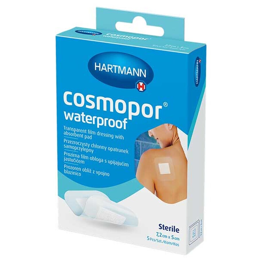 Cosmopor Waterproof, absorbierender Verband, selbstklebend, wasserdicht, steril, transparent, 7,2 cm x 5 cm, 5 Stück.