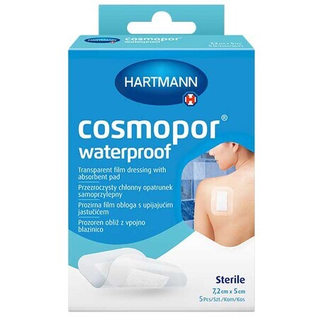 Cosmopor Waterproof, absorbierender Verband, selbstklebend, wasserdicht, steril, transparent, 7,2 cm x 5 cm, 5 Stück.