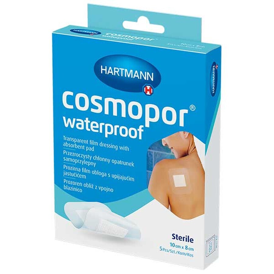 Cosmopor Waterproof, absorbierender Verband, selbstklebend, wasserdicht, steril, transparent, 10 cm x 8 cm, 5 Stück