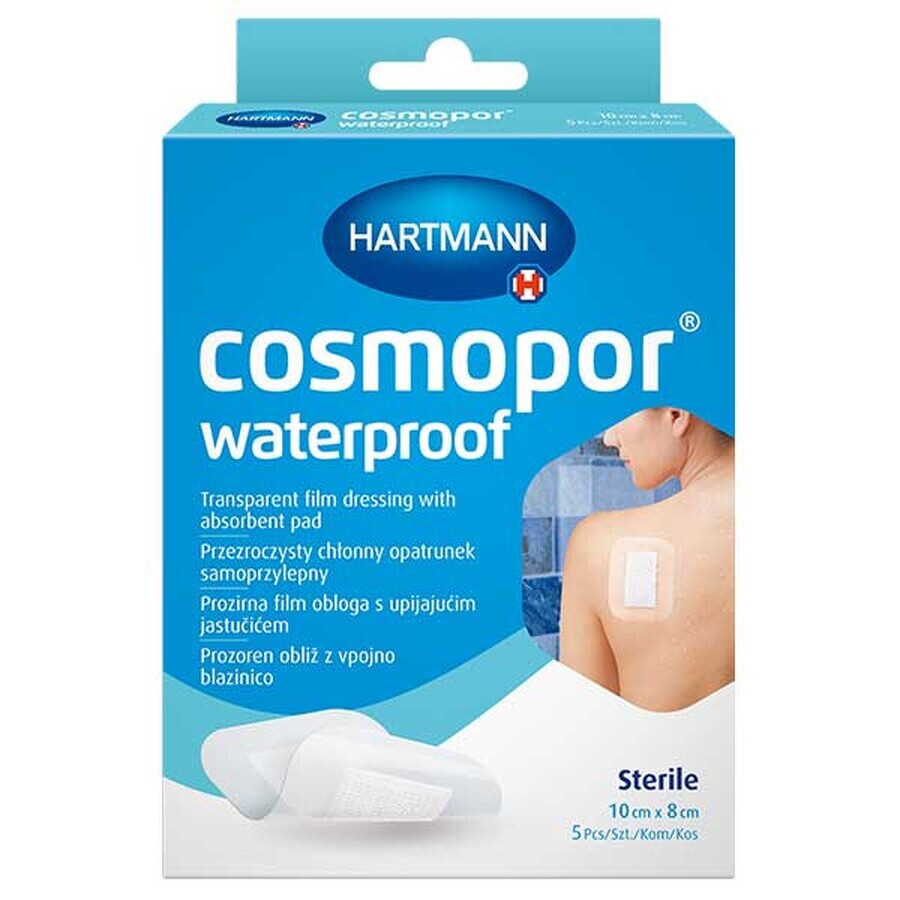 Cosmopor Waterproof, absorbierender Verband, selbstklebend, wasserdicht, steril, transparent, 10 cm x 8 cm, 5 Stück