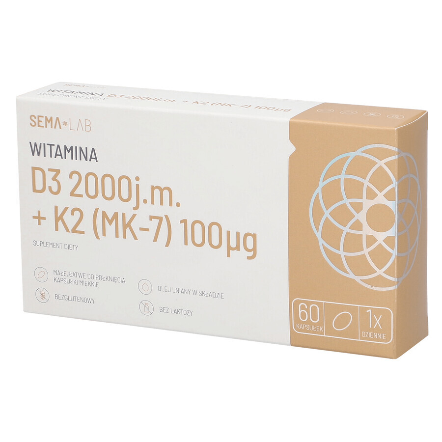 SEMA Lab Vitamin D3 2000 IU + K2 (MK-7) 100 µg, 60 Weichkapseln