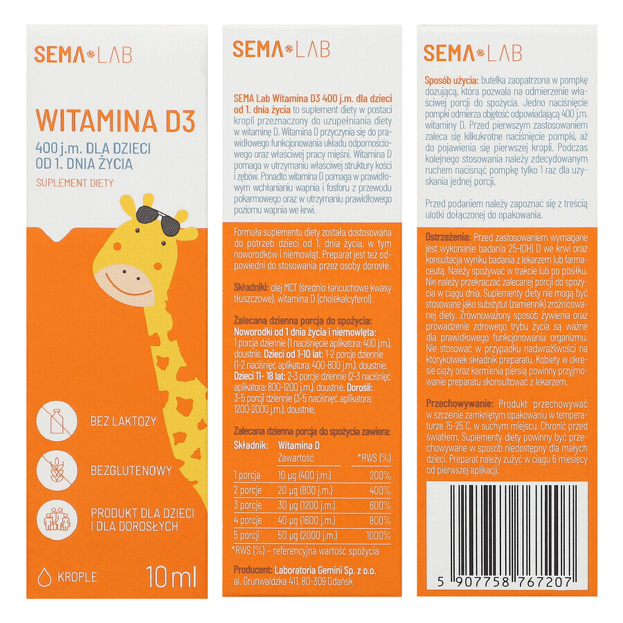 SEMA Lab Vitamin D3 400 IU für Kinder ab Tag 1, Tropfen, 10 ml