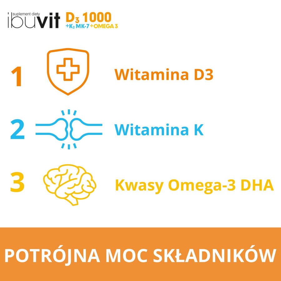 Ibuvit D3 1000 + K2 MK-7 Omega 3, für Kinder ab 6 Jahren, Jugendliche und Erwachsene, 30 Kapseln ZERSTÖRTE VERPACKUNG